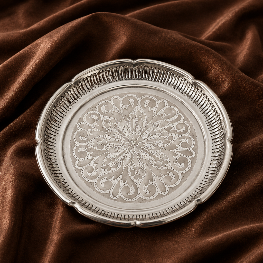 Silver Plate with Flower Design | Decorative Silver Puja Plate