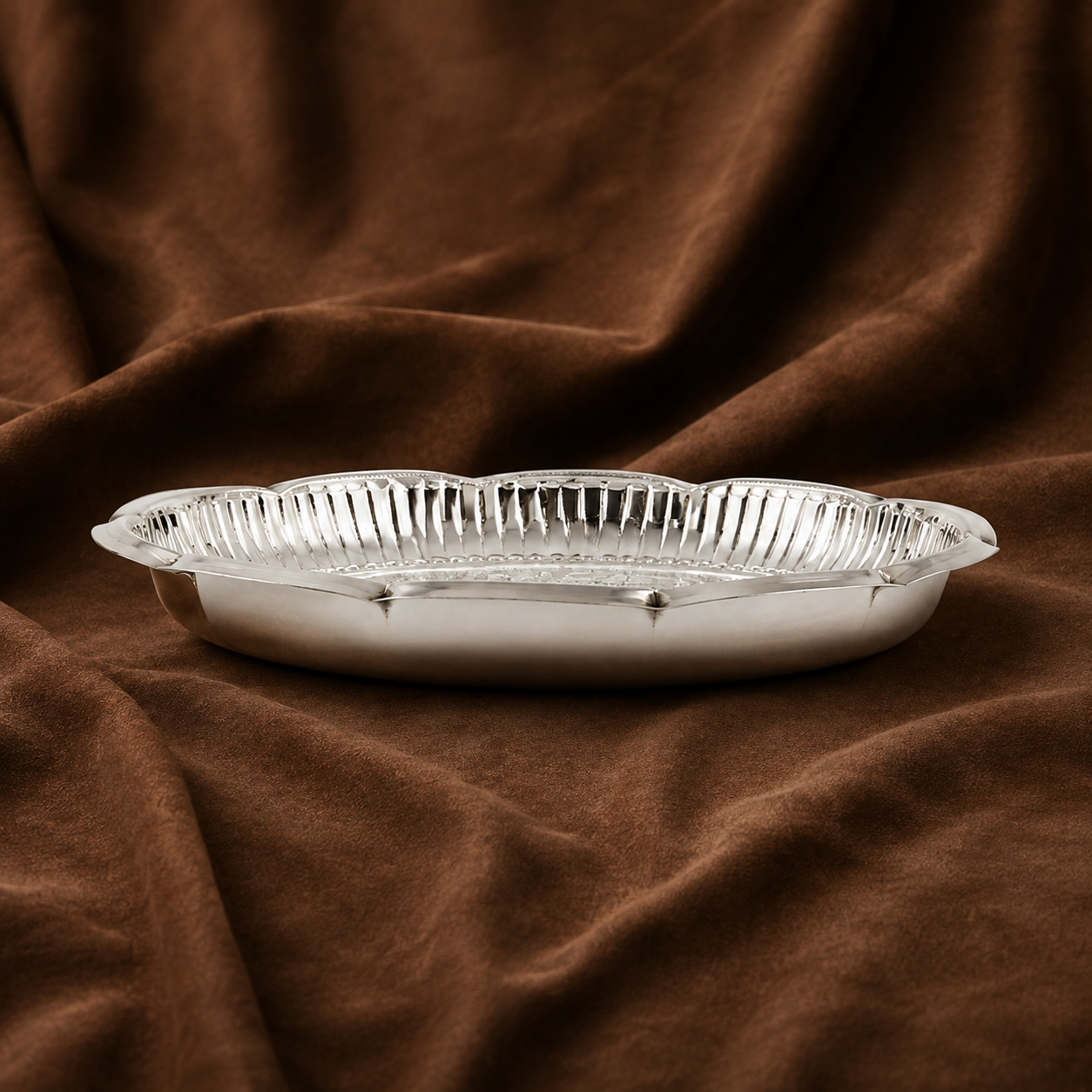 Silver Decorative Puja Plate with Floral Design | Silver Offering Plate