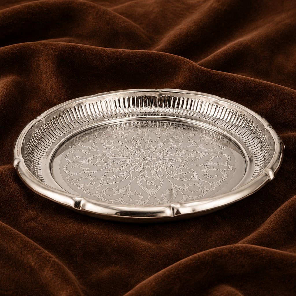 Silver Plate with Flower Design | Decorative Silver Puja Plate