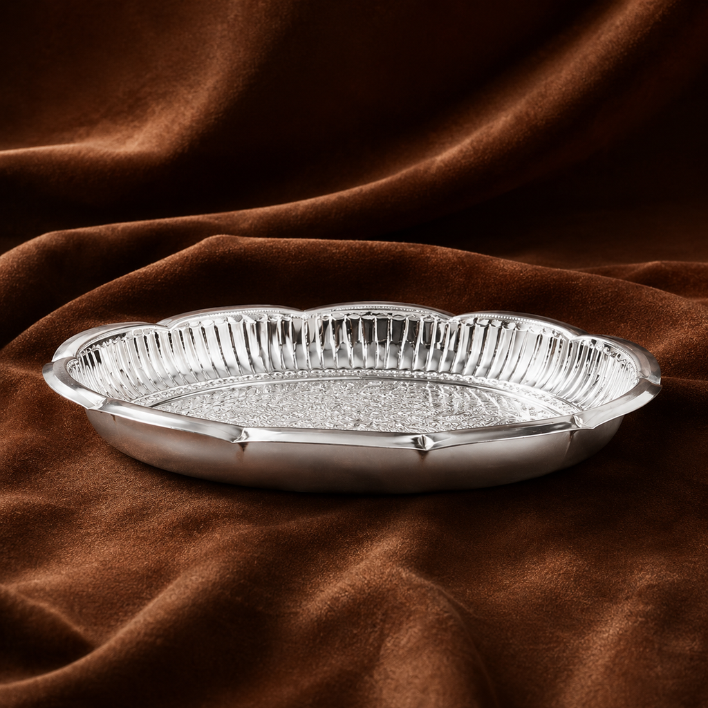 Silver Decorative Puja Plate with Floral Design | Silver Offering Plate
