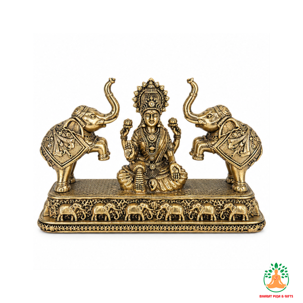 Gajalakshmi Idol with Elephants – Antique Gold Tone Hindu Goddess Statue