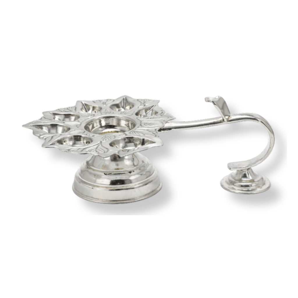Silver Panchamukhi Diya | Silver 5-wick Oil Lamp | Silver Aarti Diya | Silver Fancy Puja Diya