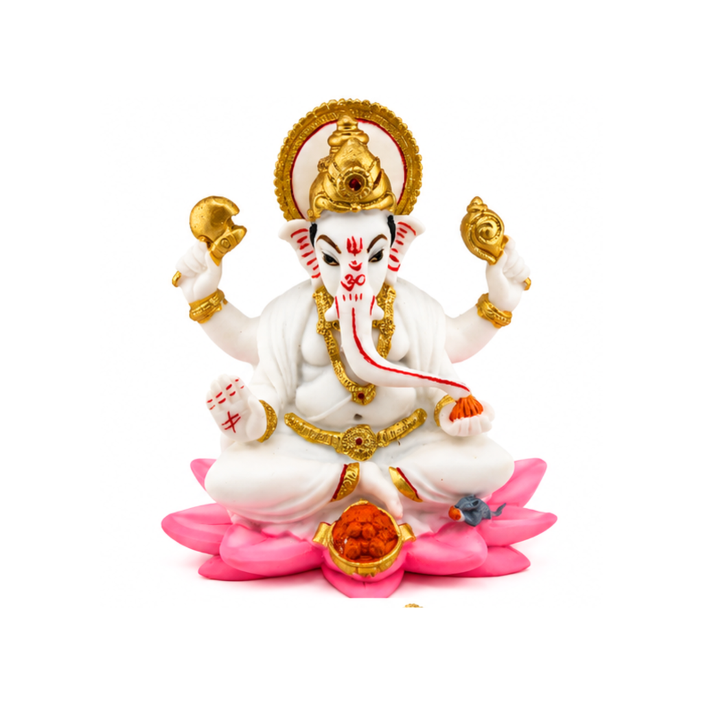 White Ganesha on Pink Lotus | Traditional Lord Ganesha Idol | Ganapati for Puja Home Decor Mandir