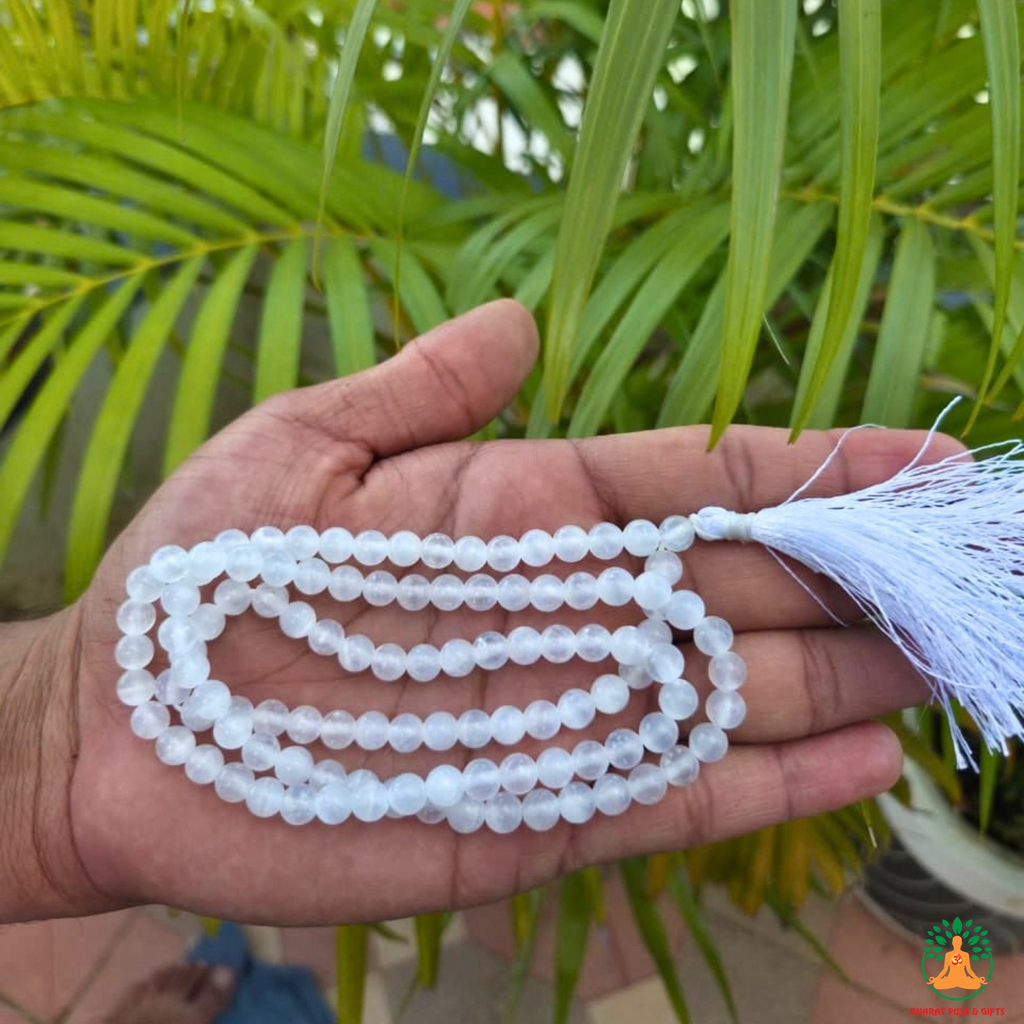 Natural Selenite Beaded Necklace | 13 Inch White Crystal Mala | Meditation & Yoga Necklace | White Crystal Necklace | Spiritual Jewelry