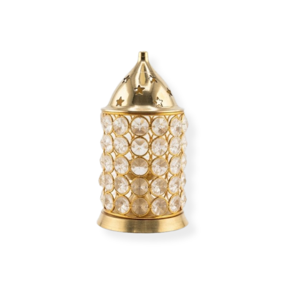 Brass Diya with Cylindrical Gem Cover | Decorative Crystal Brass Oil Lamp