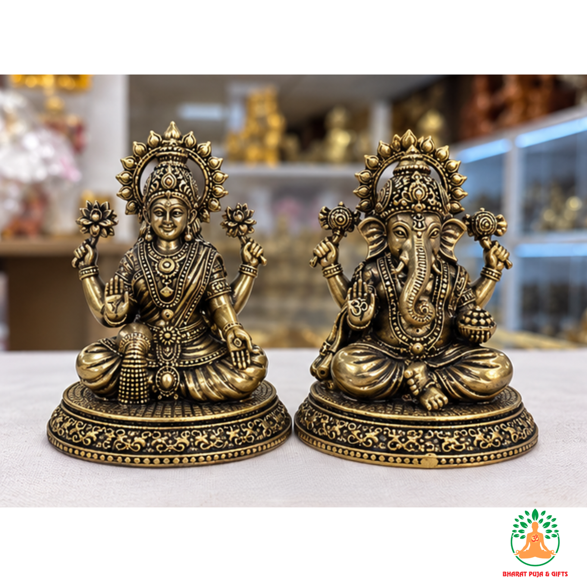 Lakshmi Ganesha Idol Set – Antique Gold Tone Hindu Statues for Puja