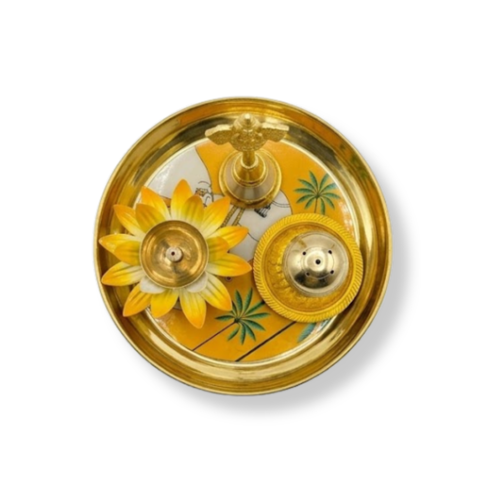 Brass Puja Thali with Yellow Cow Design Set | Traditional Aarti Plate | Decorative Arti Thali