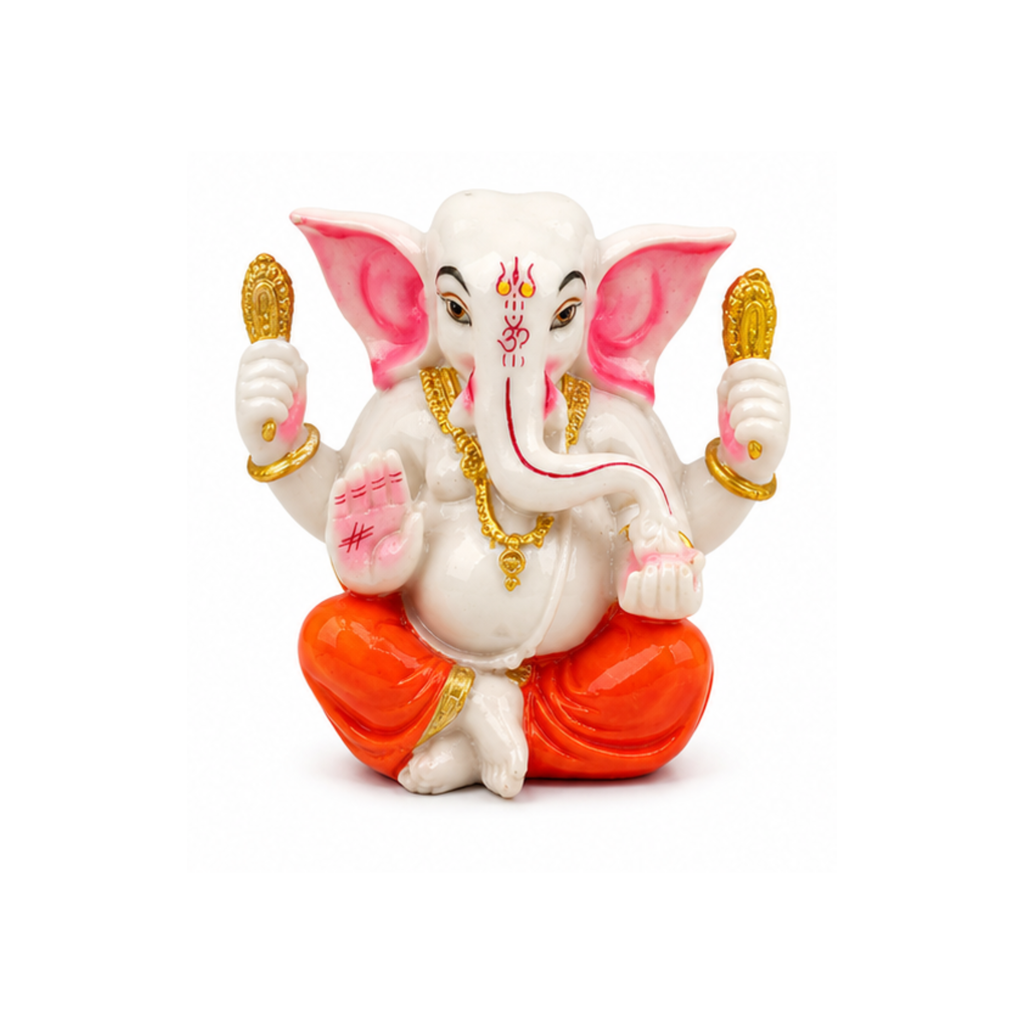 White Ganesha Idol with Orange Dhoti | Small Ganesha Murti | Ganpati Statue