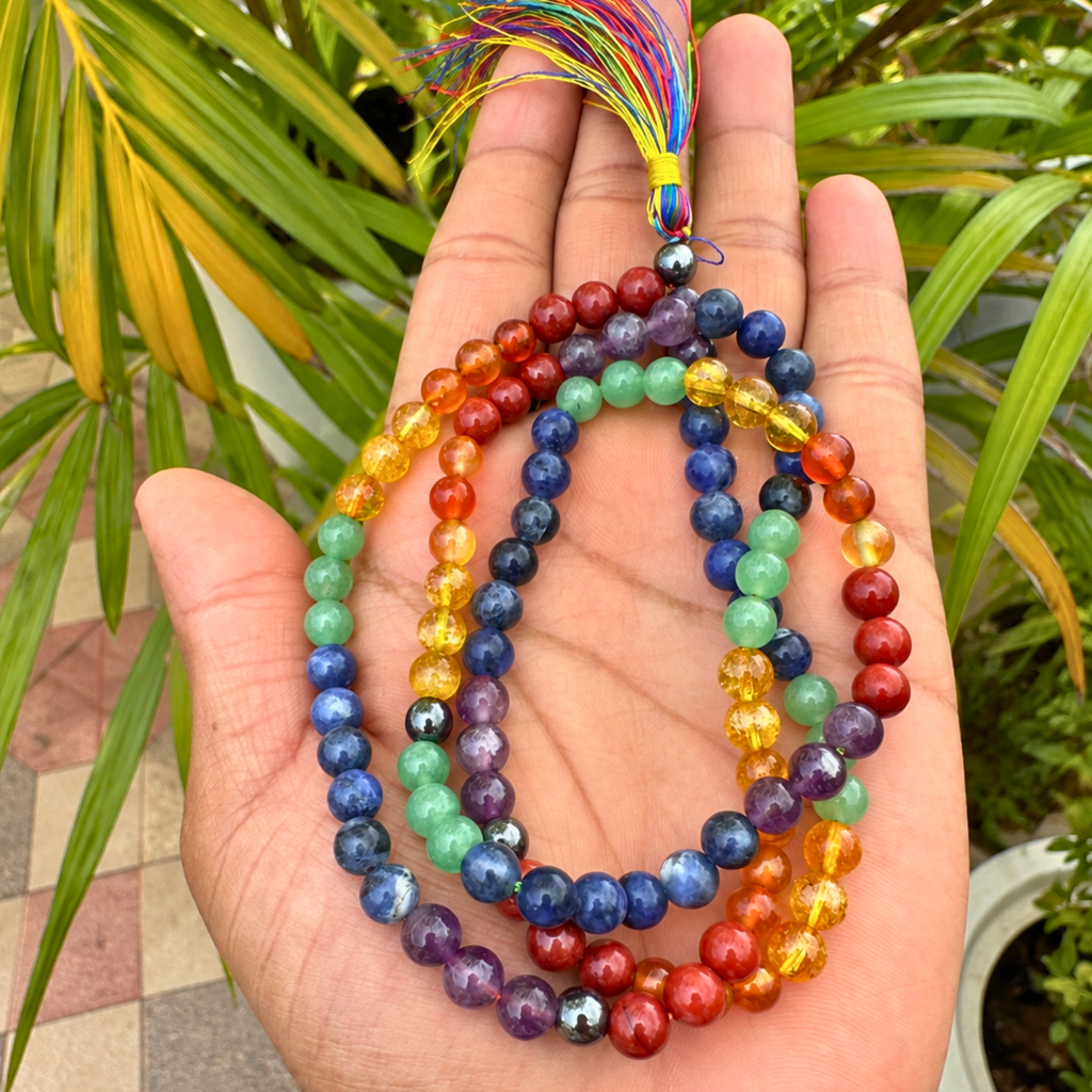 7 Chakra Beaded Necklace | 13 Inch Natural Gemstone Mala | Rainbow Chakra Necklace | Meditation & Yoga Jewelry | Crystal Necklace