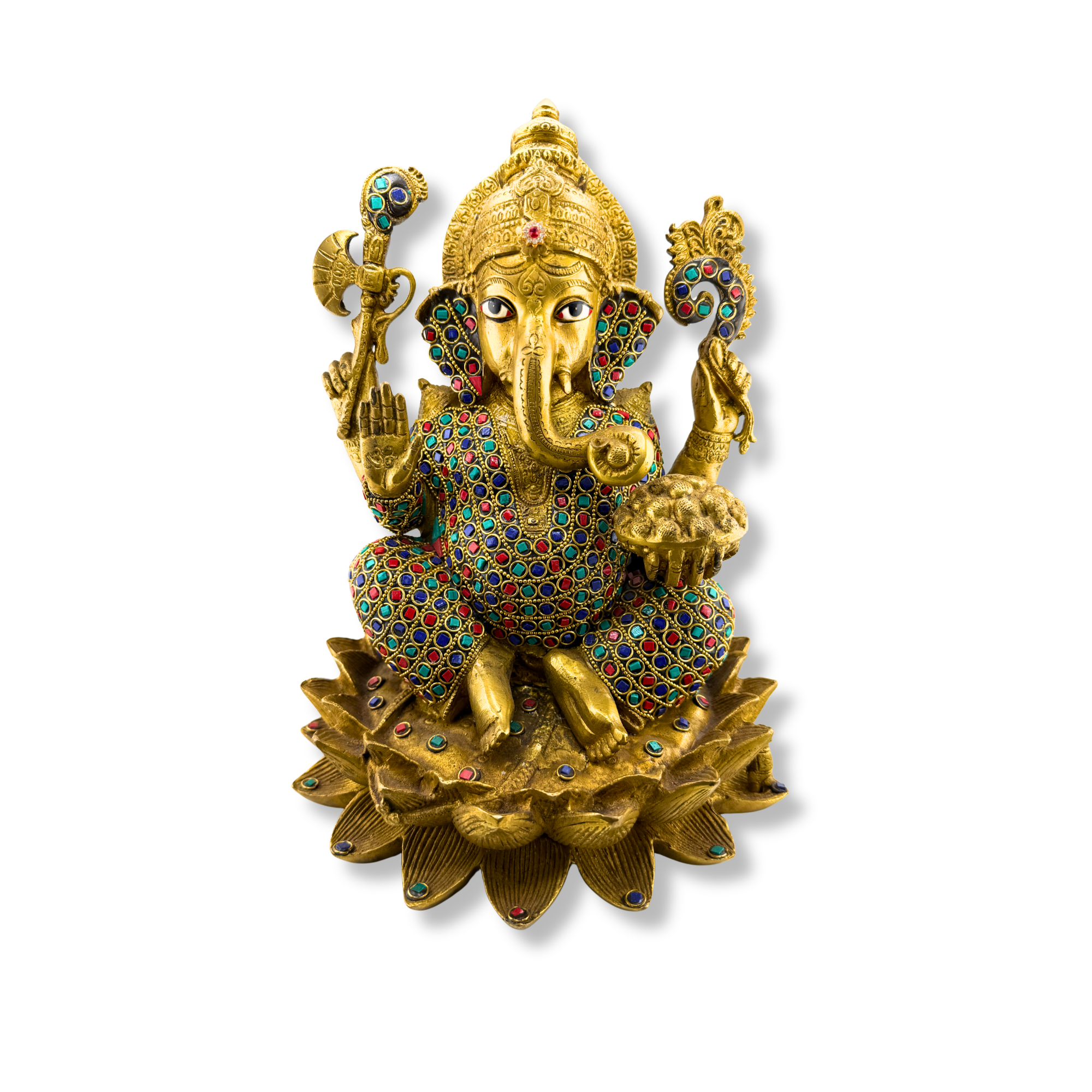Brass Lord Ganesha Idol with Colorful Stone Work | Heavy Decorative Ganapati (30 lbs)