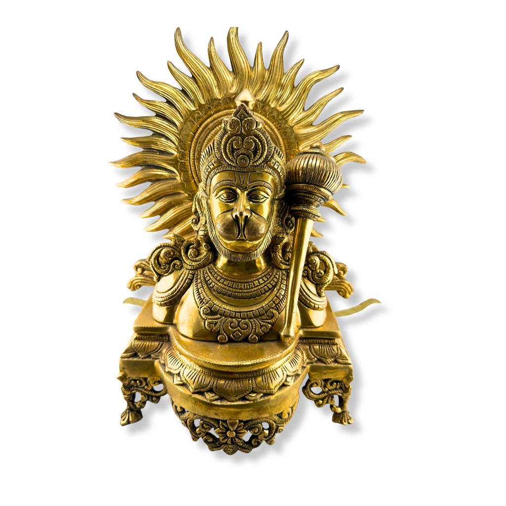 Brass Hanuman Idol with Surya Prabha | Brass Hanuman Murti with Sun Halo | Hanuman Face Statue