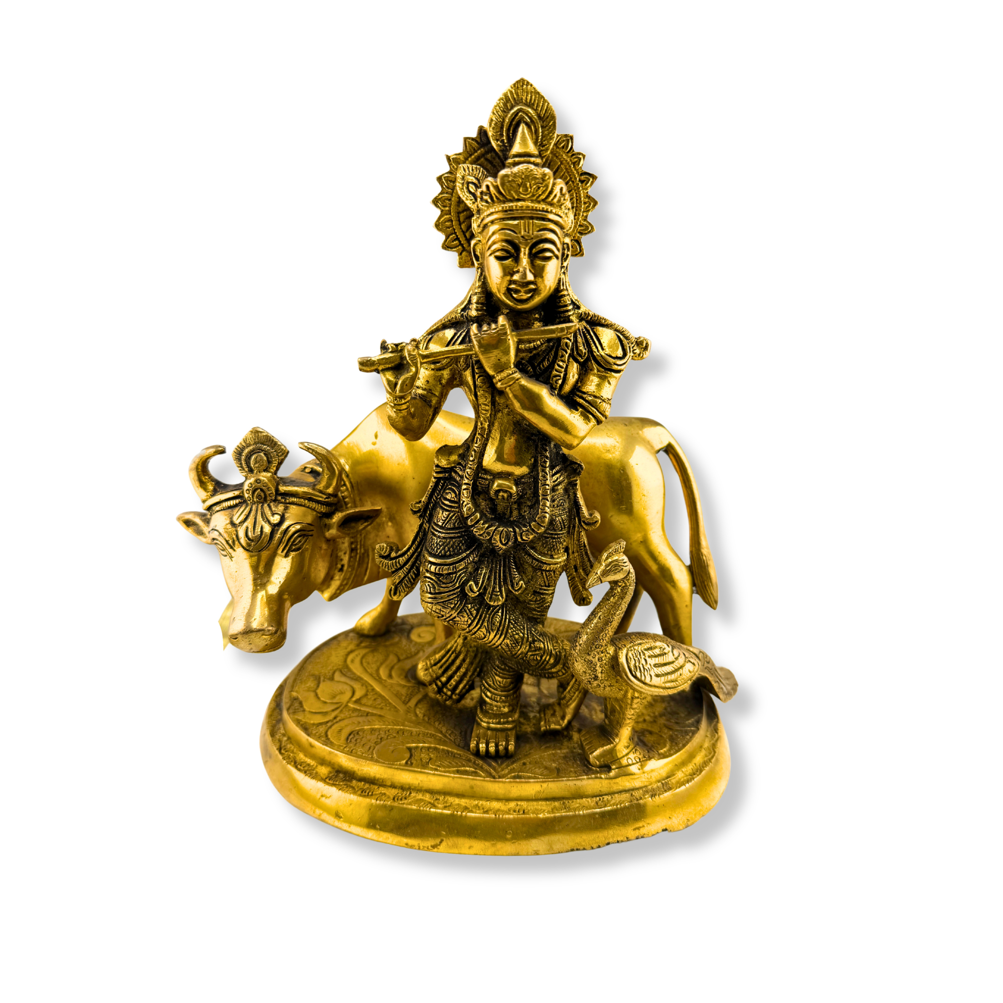 Brass Krishna with Cow and Peacock Murti | Krishna Idol | Brass Krishna Sculpture
