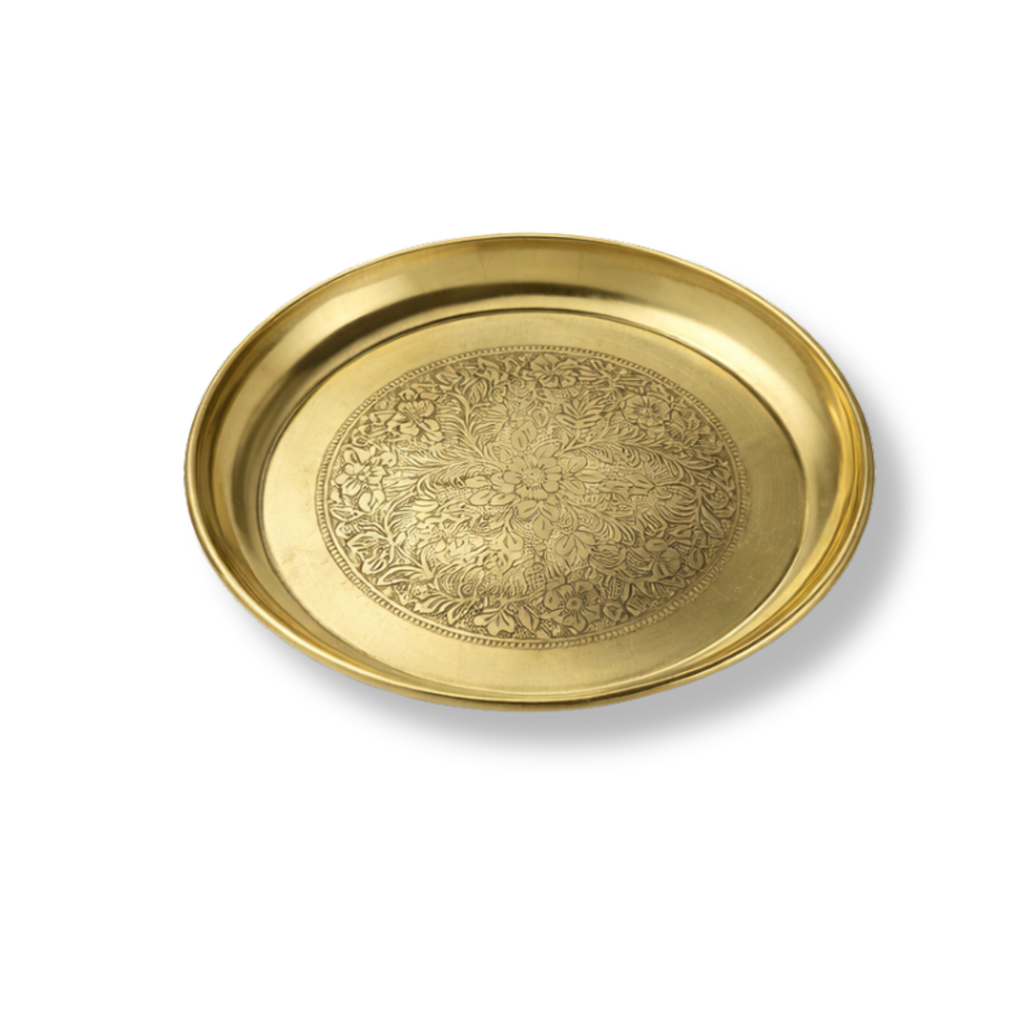 Brass Thali Intricate Flower Design 7 inch | Brass Puja Plate | Decorative Diwali Puja Plate