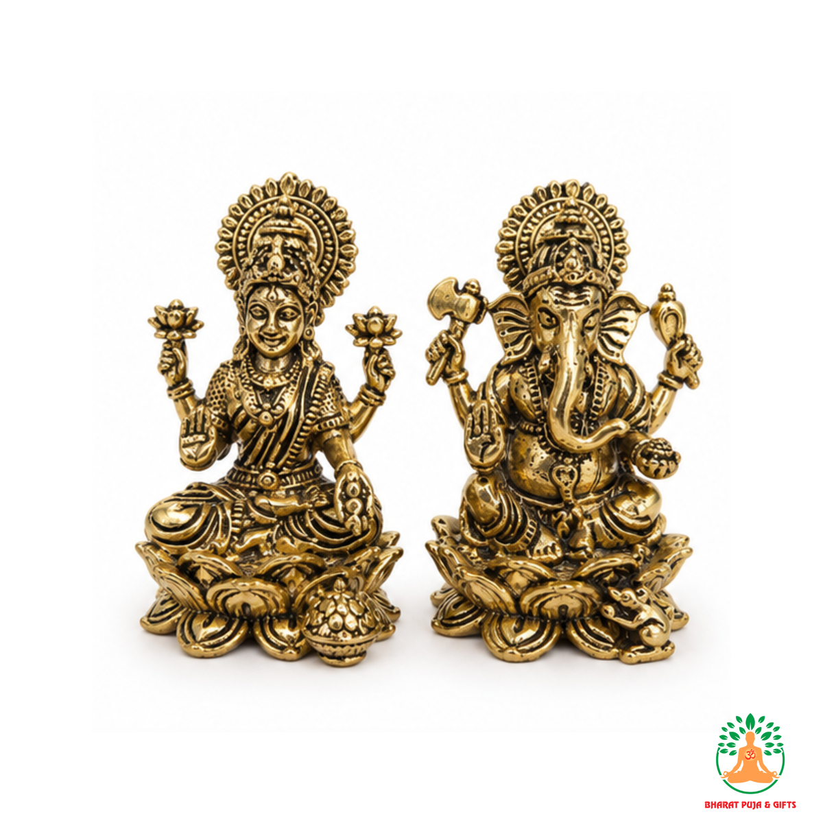Lakshmi Ganesha Idol Set on Lotus Base – Antique Gold Tone Hindu Statues