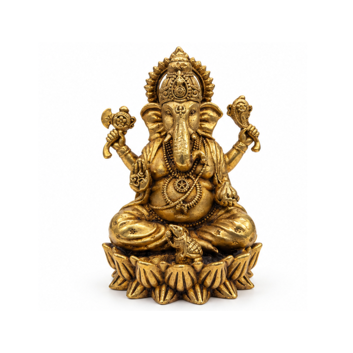 Antique Gold Tone Lord Ganesha Idol on Lotus Base – Traditional Hindu Statue