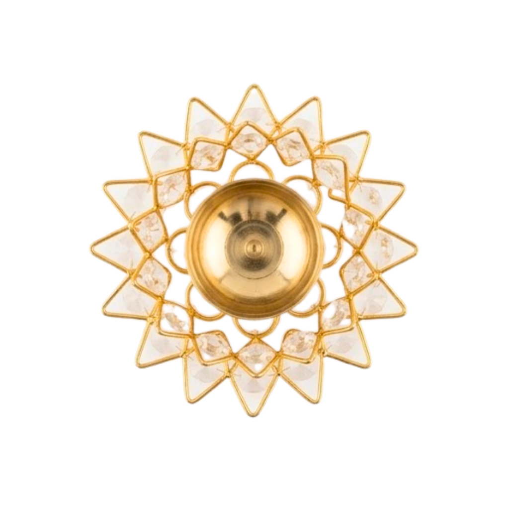 Brass Lotus Gem Diya | Decorative Crystal Lotus Oil Lamp