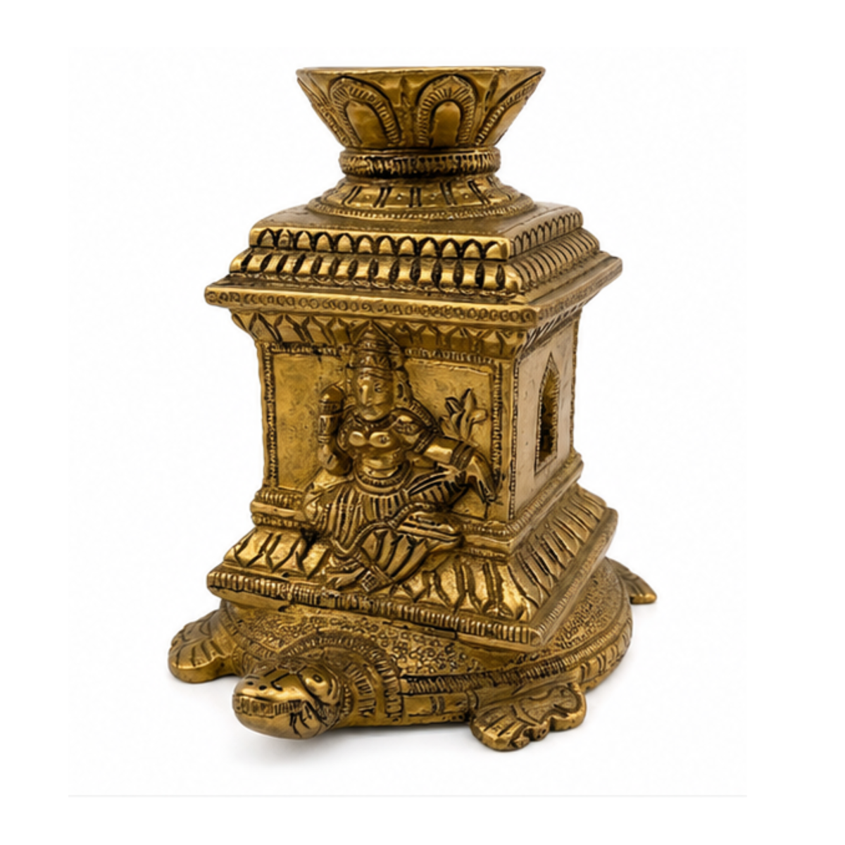 Brass Tulsi Kyara Diya | Brass Tulsi Kunda with Kurma (tortoise) Base Oil Lamp Incense Holder