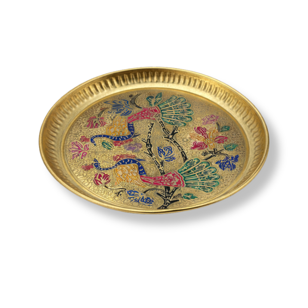 Brass Thali with Colorful Peacock Design | Decorative Brass Plate | Fancy Brass Aarti Puja Thali