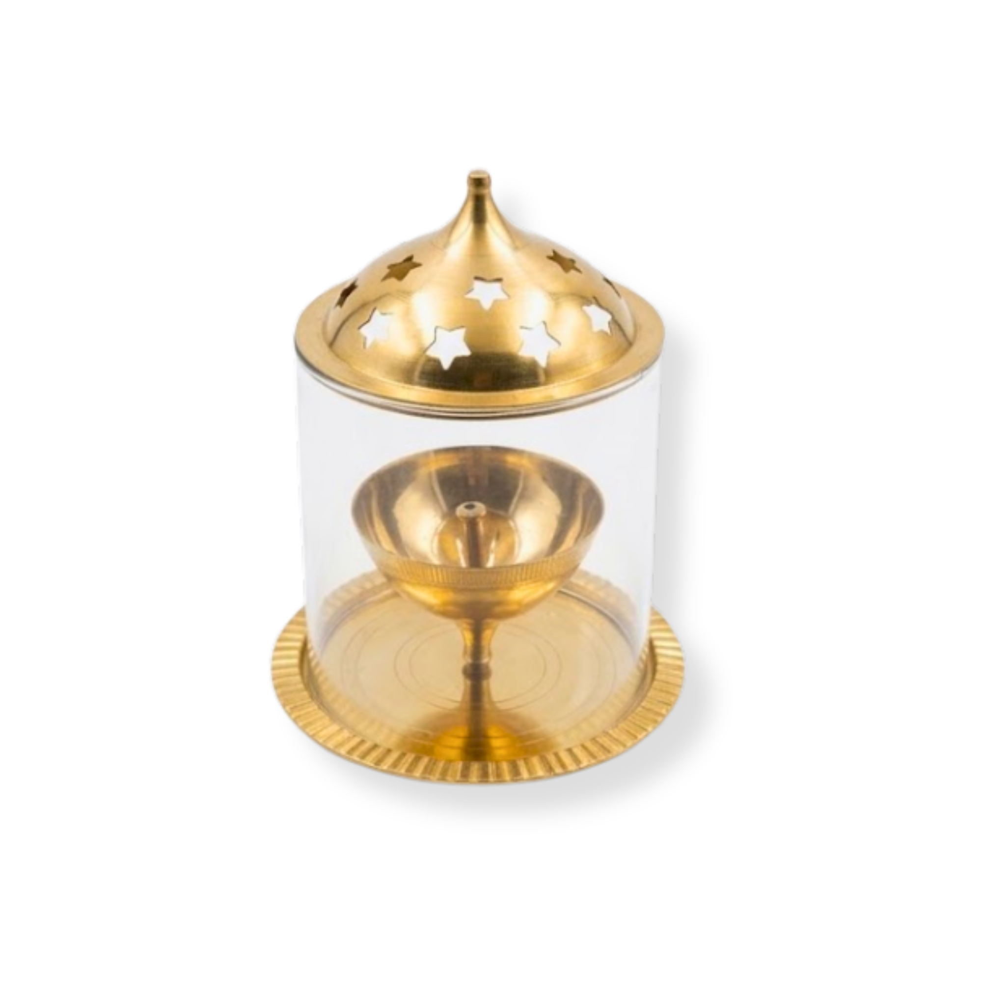 Brass Diya with Glass Cover & Star-Shaped Cap | Decorative Wind-Protected Oil Lamp