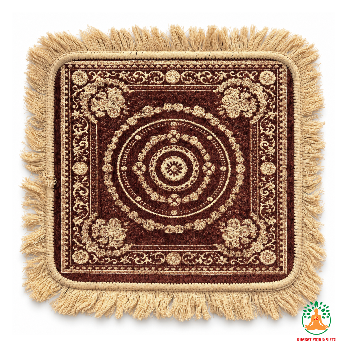 Decorative Square Mat with Fringe – Traditional Floral Medallion Design