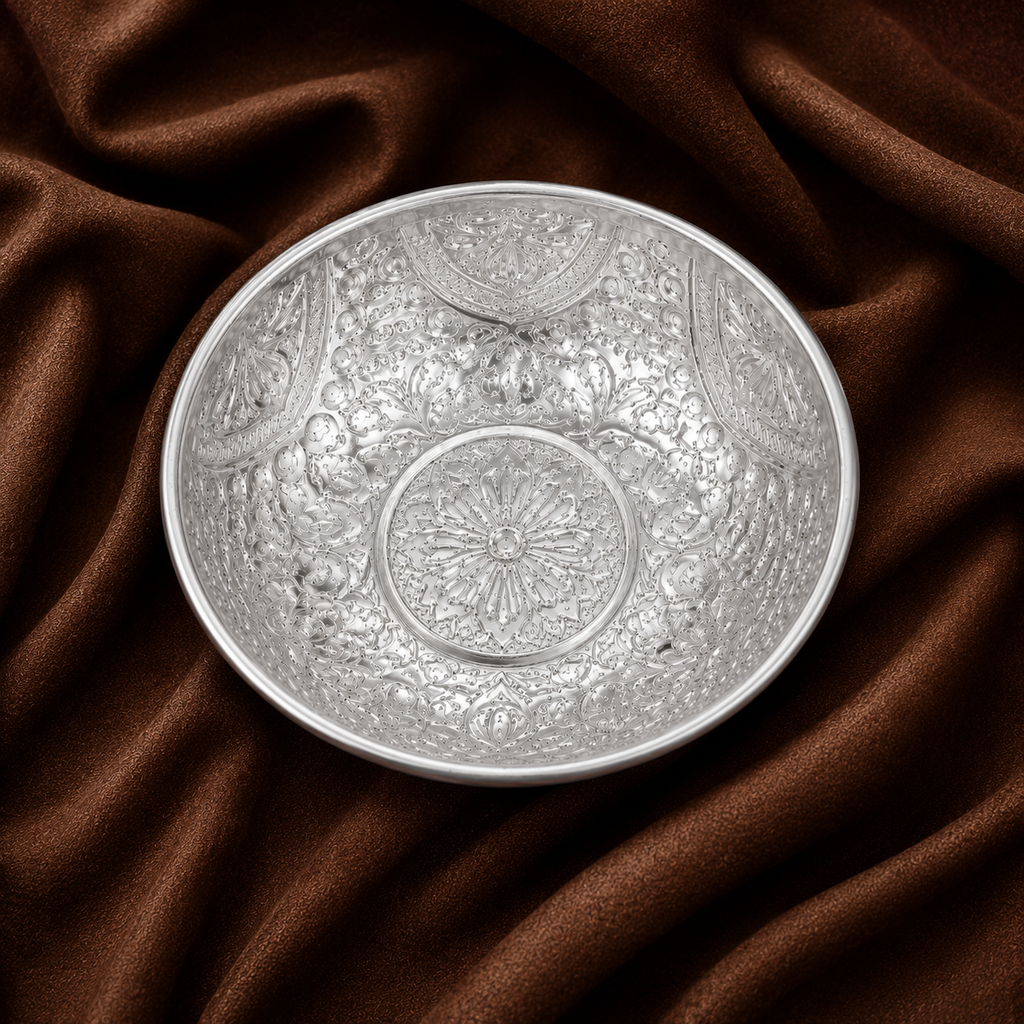Silver Decorative Floral Engraved Bowl – Traditional Pooja & Home Décor