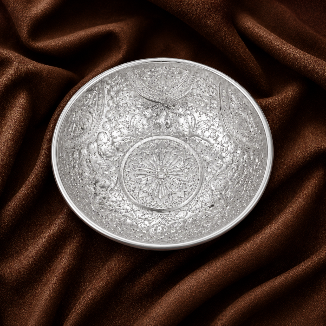 Silver Decorative Floral Engraved Bowl – Traditional Pooja & Home Décor