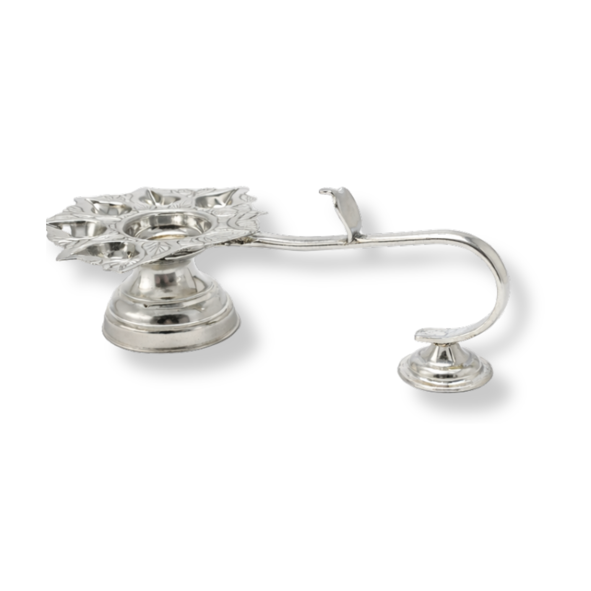 Silver Panchamukhi Diya | Silver 5-wick Oil Lamp | Silver Aarti Diya | Silver Fancy Puja Diya