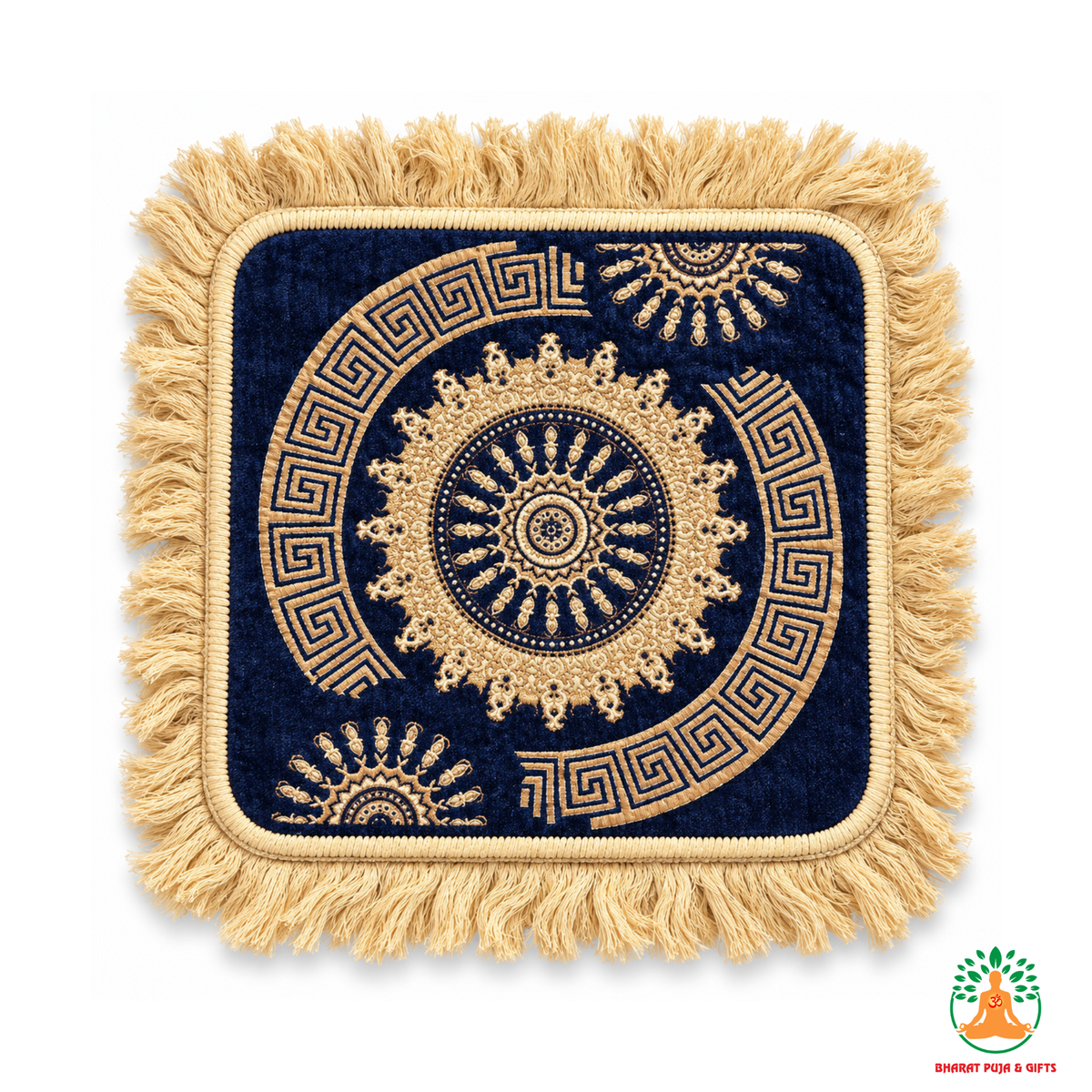 Decorative Square Mat with Fringe – Traditional Medallion Design