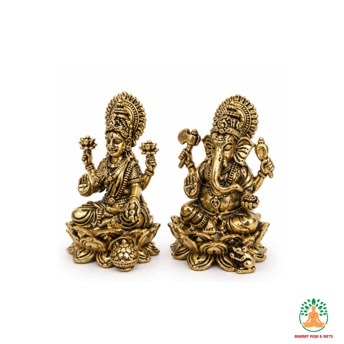 Lakshmi Ganesha Idol Set on Lotus Base – Antique Gold Tone Hindu Statues