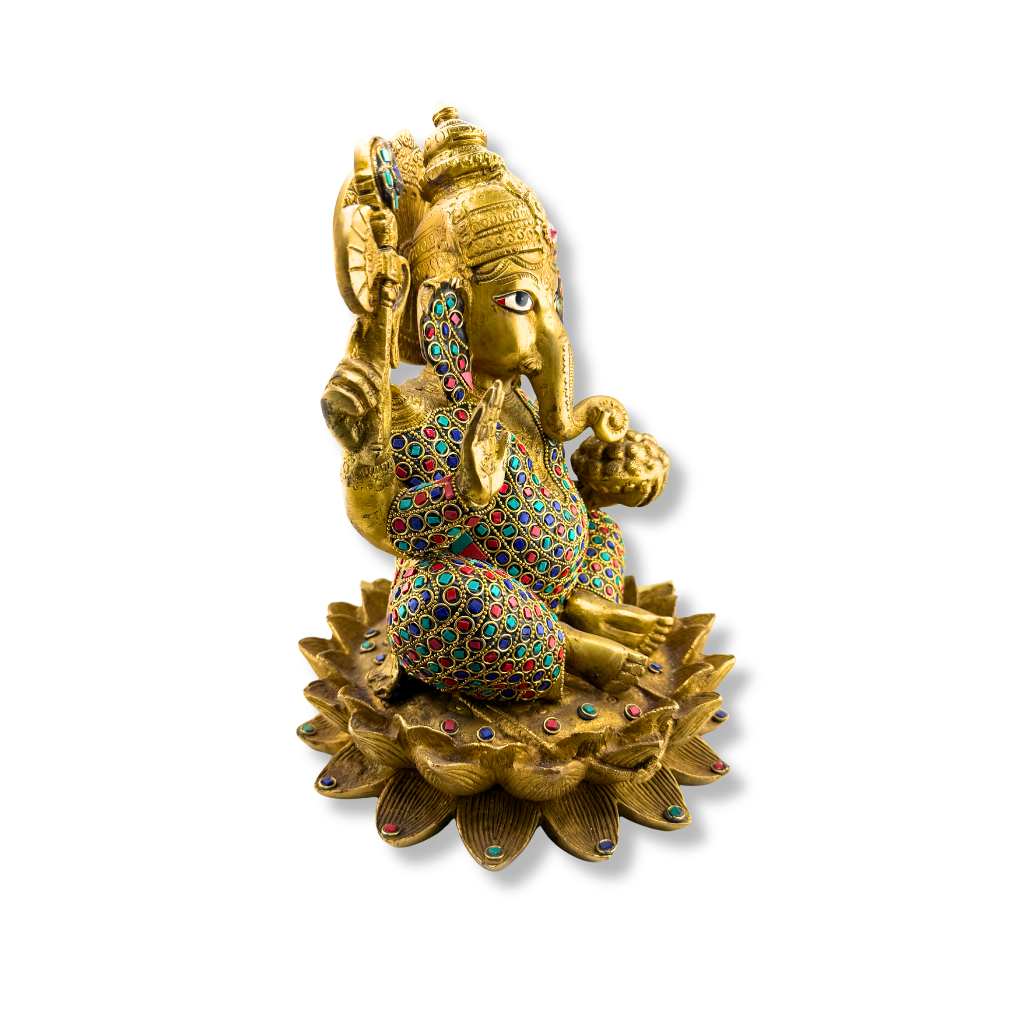 Brass Lord Ganesha Idol with Colorful Stone Work | Heavy Decorative Ganapati (30 lbs)