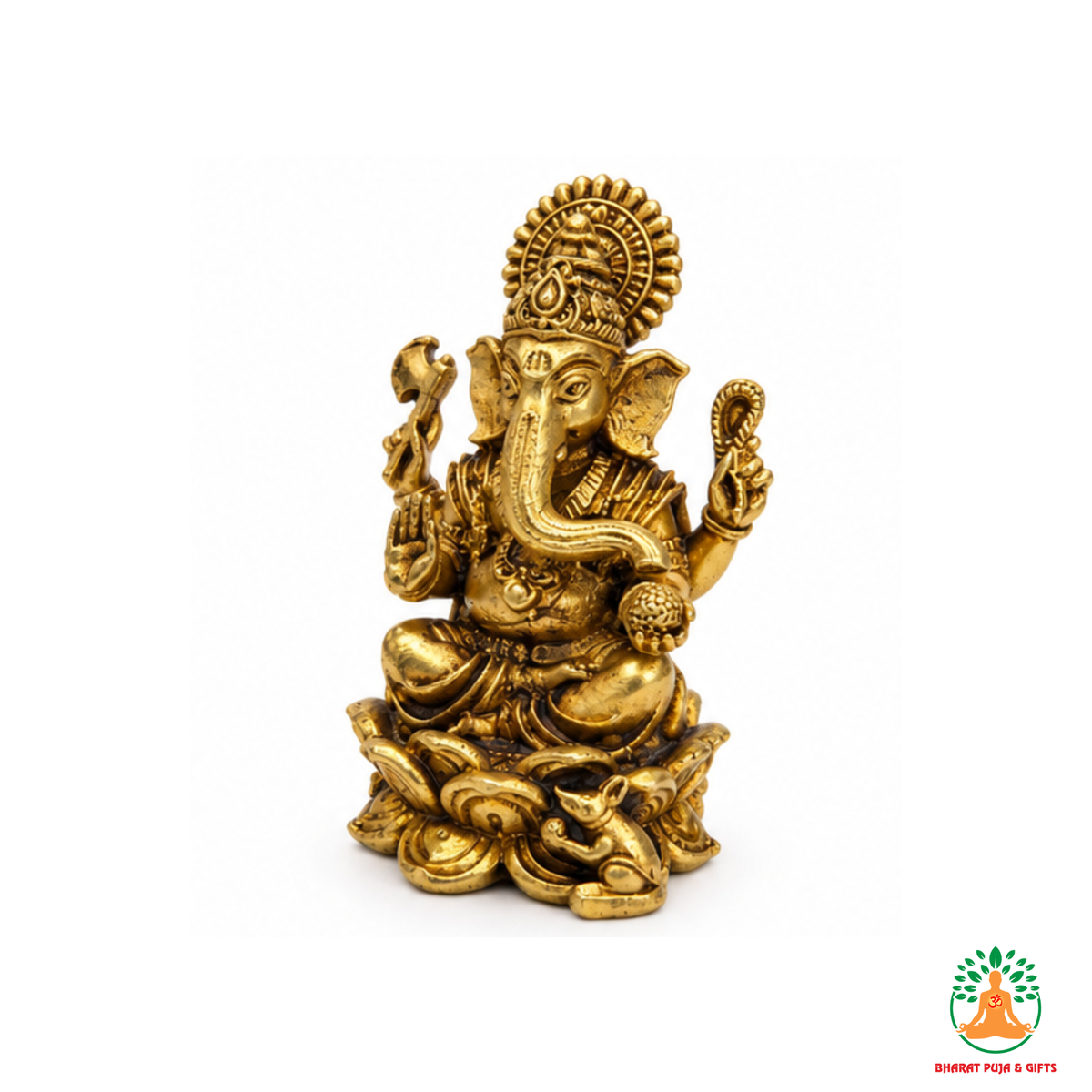 Small Lord Ganesha Idol on Decorative Base – Antique Gold Tone Hindu Statue