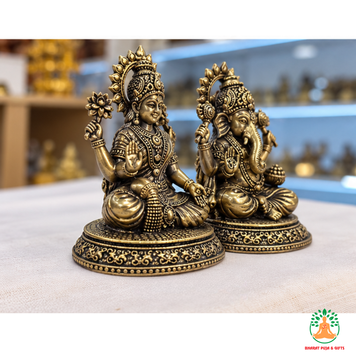 Lakshmi Ganesha Idol Set – Antique Gold Tone Hindu Statues for Puja