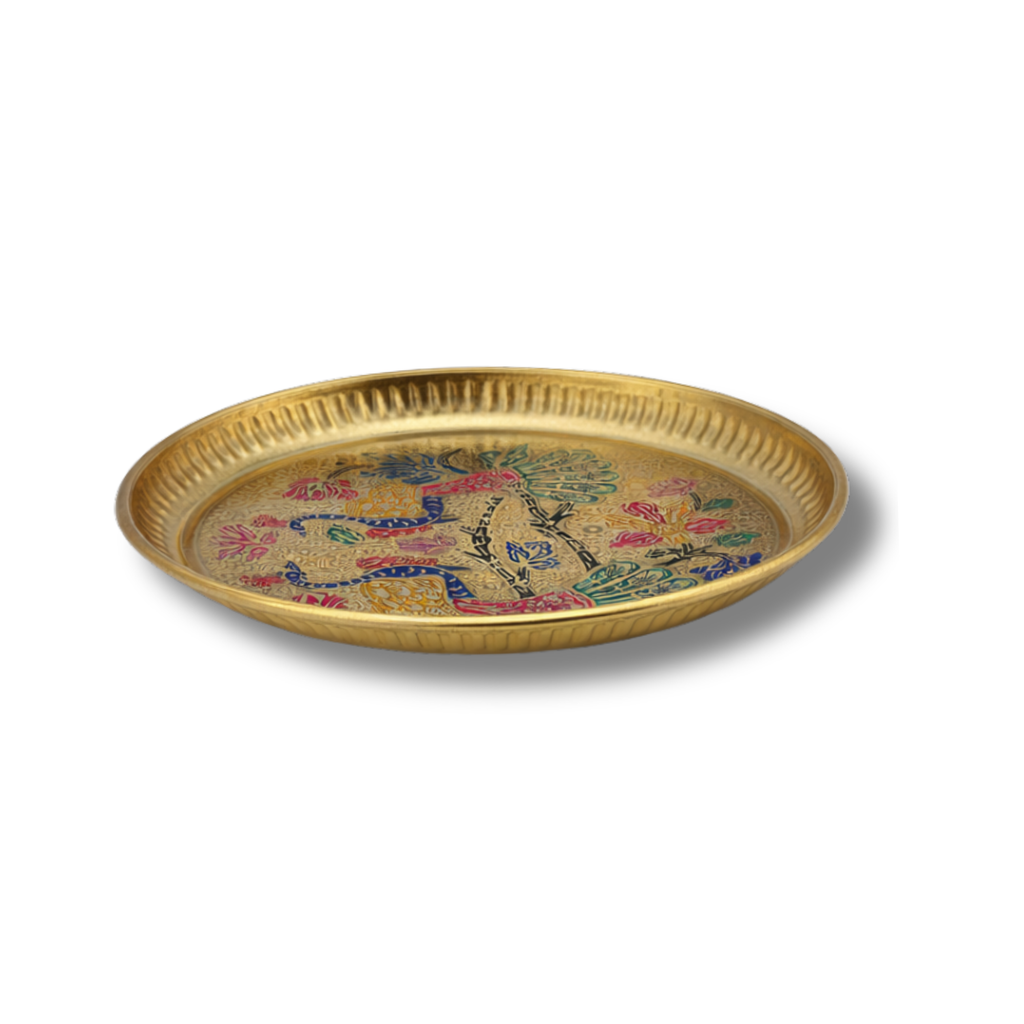 Brass Thali with Colorful Peacock Design | Decorative Brass Plate | Fancy Brass Aarti Puja Thali
