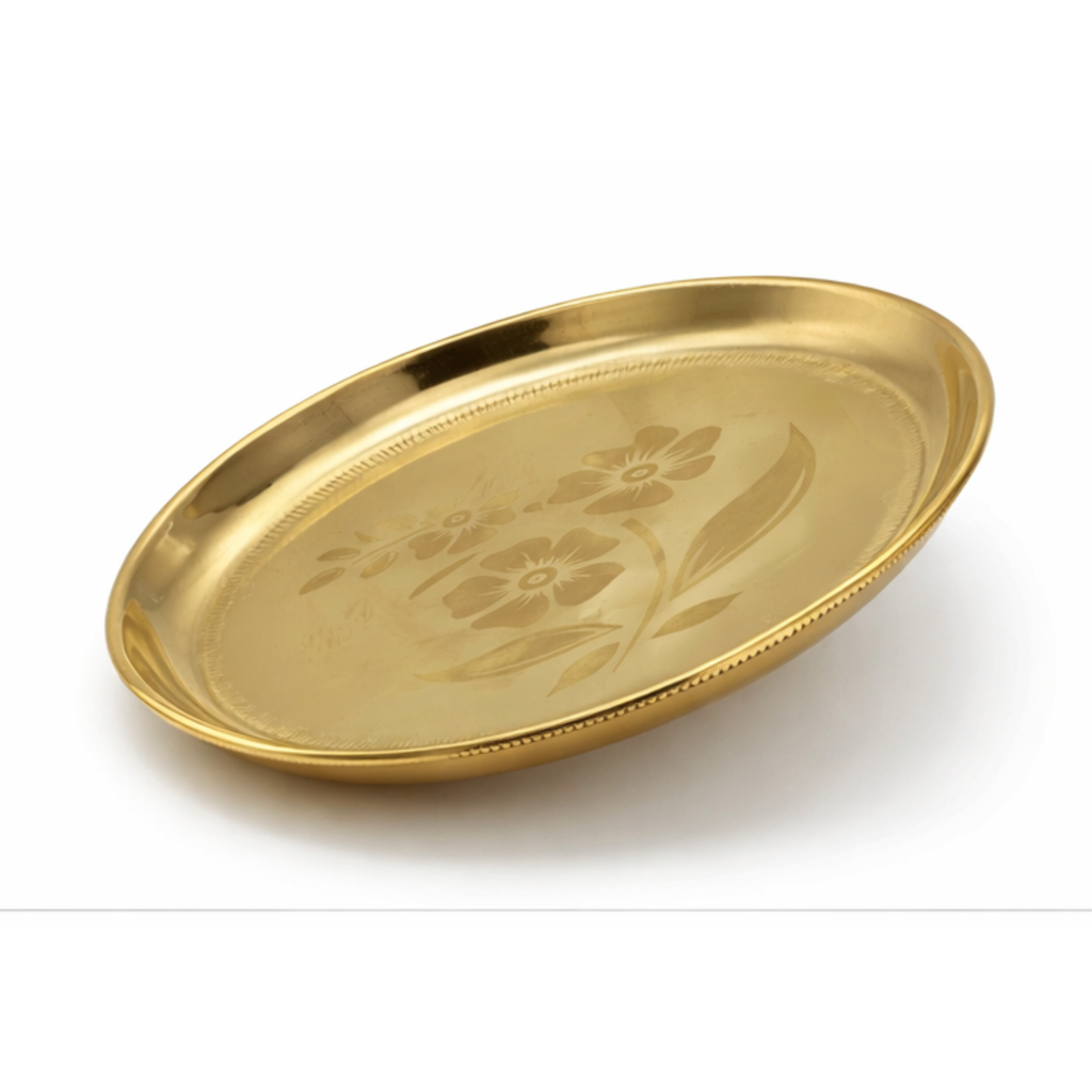 Brass Thali with Flower Design 8.5 inch | Brass Plate with Flowers | Brass Aarti Puja Thali