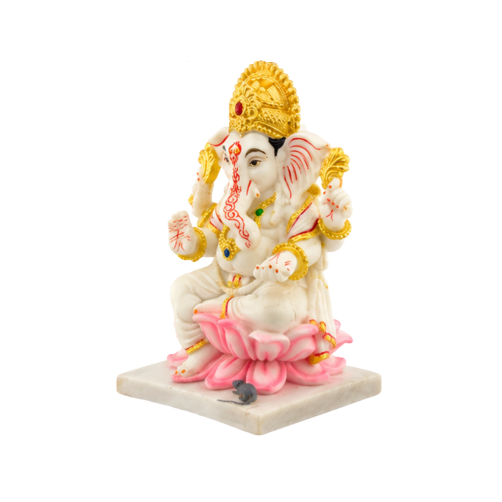 White Ganesha on Pink Lotus Idol | Lord Ganesha Murti for Home Mandir Puja | Ganpati Statue