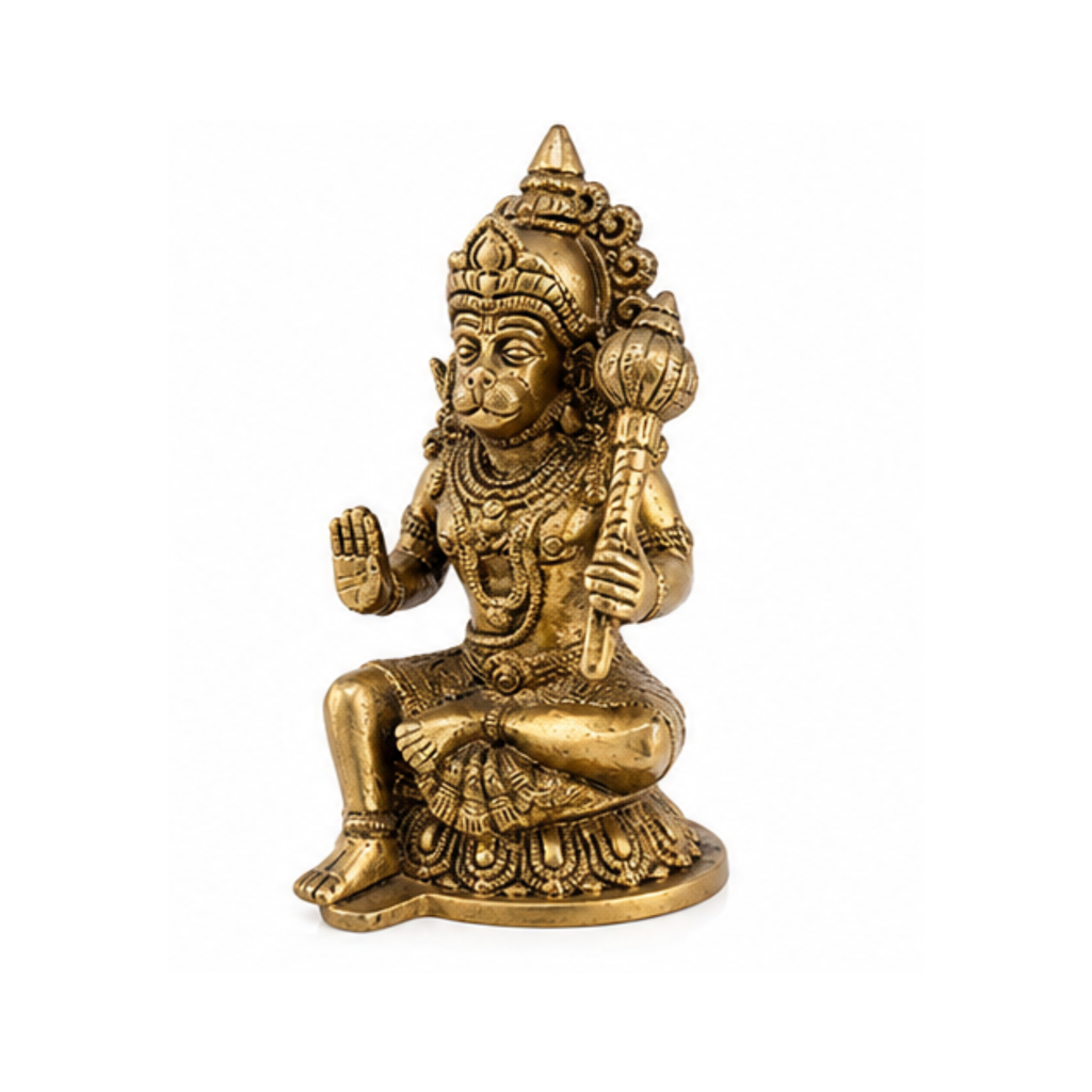 Brass Hanuman Idol | Seated Bajrangbali with Gada