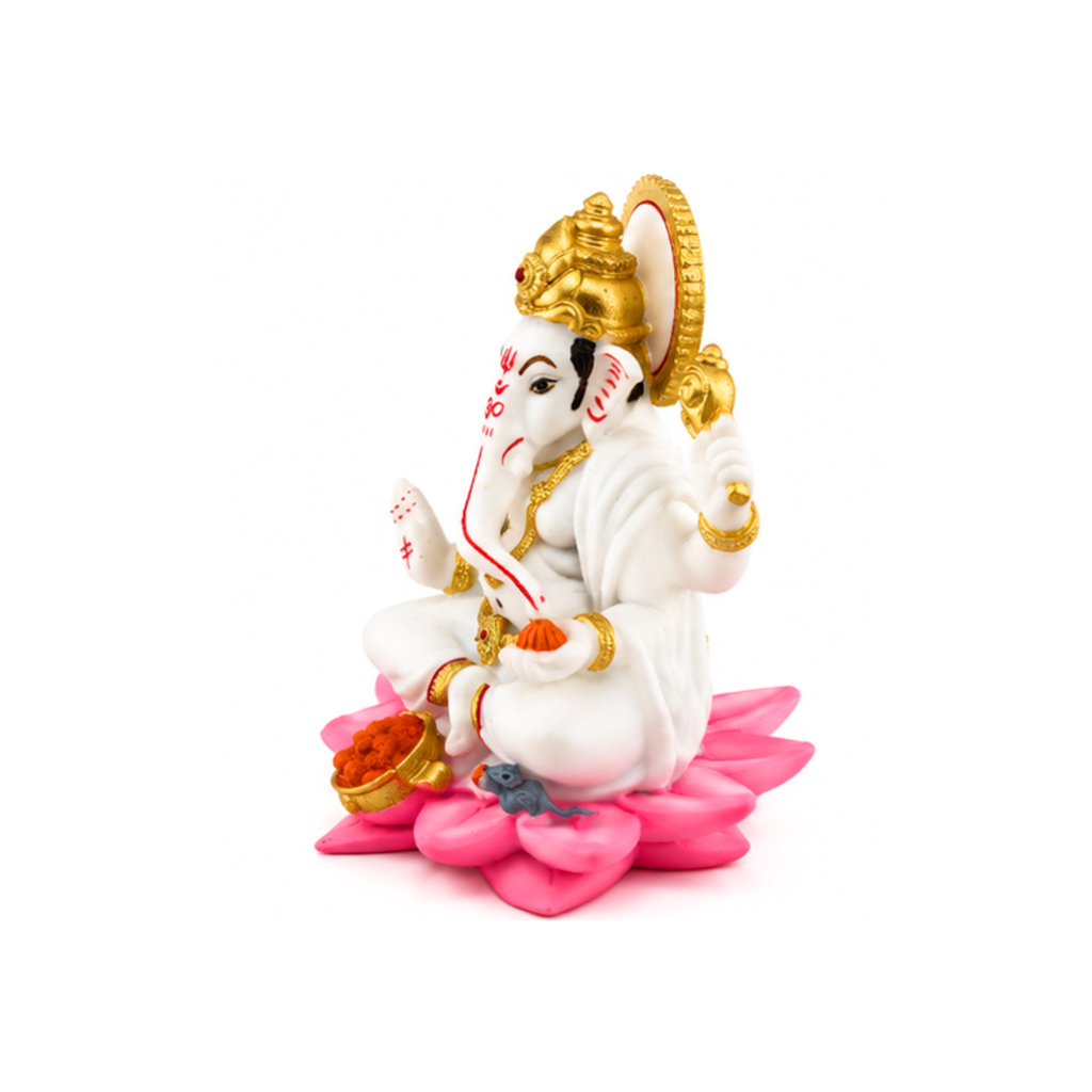 White Ganesha on Pink Lotus | Traditional Lord Ganesha Idol | Ganapati for Puja Home Decor Mandir