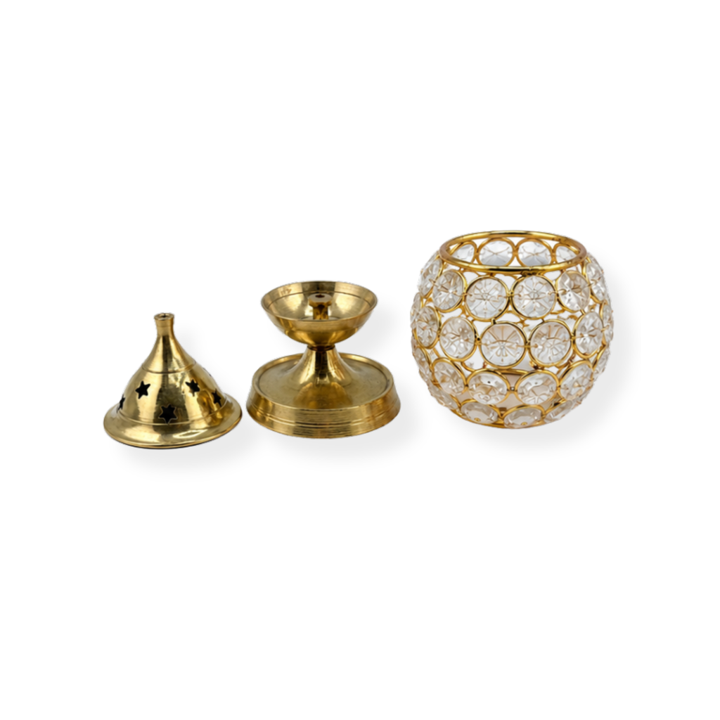 Brass Diya with Round Gem Cover | Decorative Crystal Brass Oil Lamp