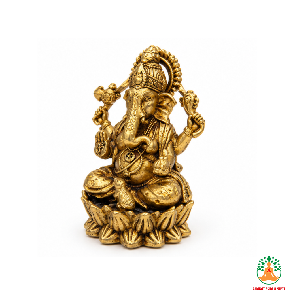 Lord Ganesha Idol on Lotus Base – Antique Gold Tone Hindu Statue