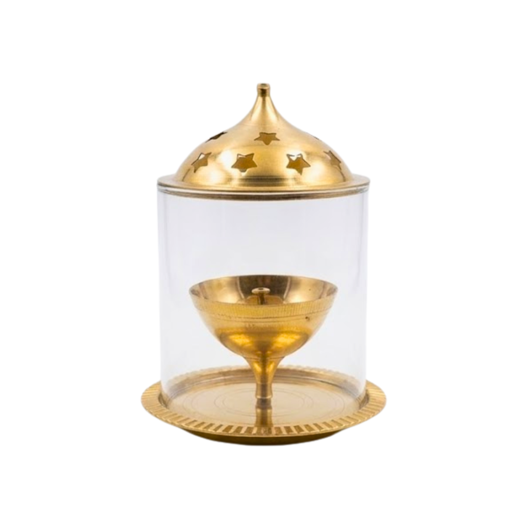 Brass Diya with Glass Cover & Star-Shaped Cap | Decorative Wind-Protected Oil Lamp