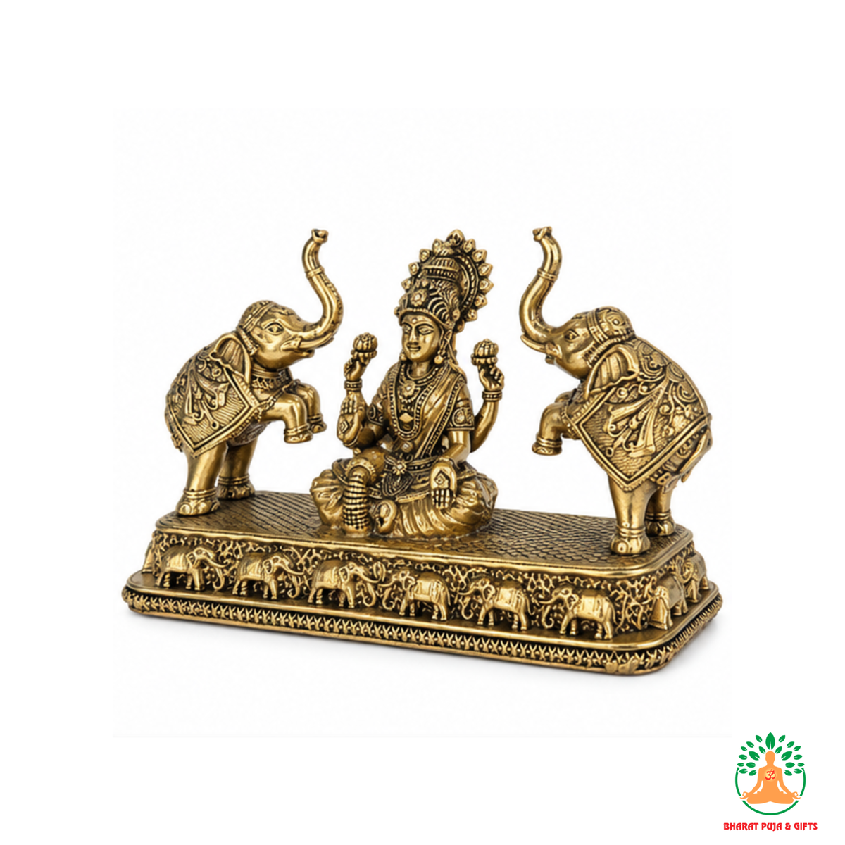 Gajalakshmi Idol with Elephants – Antique Gold Tone Hindu Goddess Statue