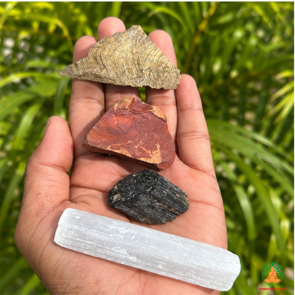 Protection Shielding Stone Set | Red Jasper Tiger Eye Black Tourmaline Selenite Raw Crystal Set | Rough Crystal Set