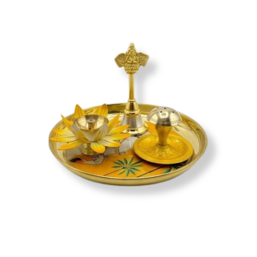 Brass Puja Thali with Yellow Cow Design Set | Traditional Aarti Plate | Decorative Arti Thali