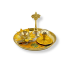 Brass Puja Thali with Yellow Cow Design Set | Traditional Aarti Plate | Decorative Arti Thali