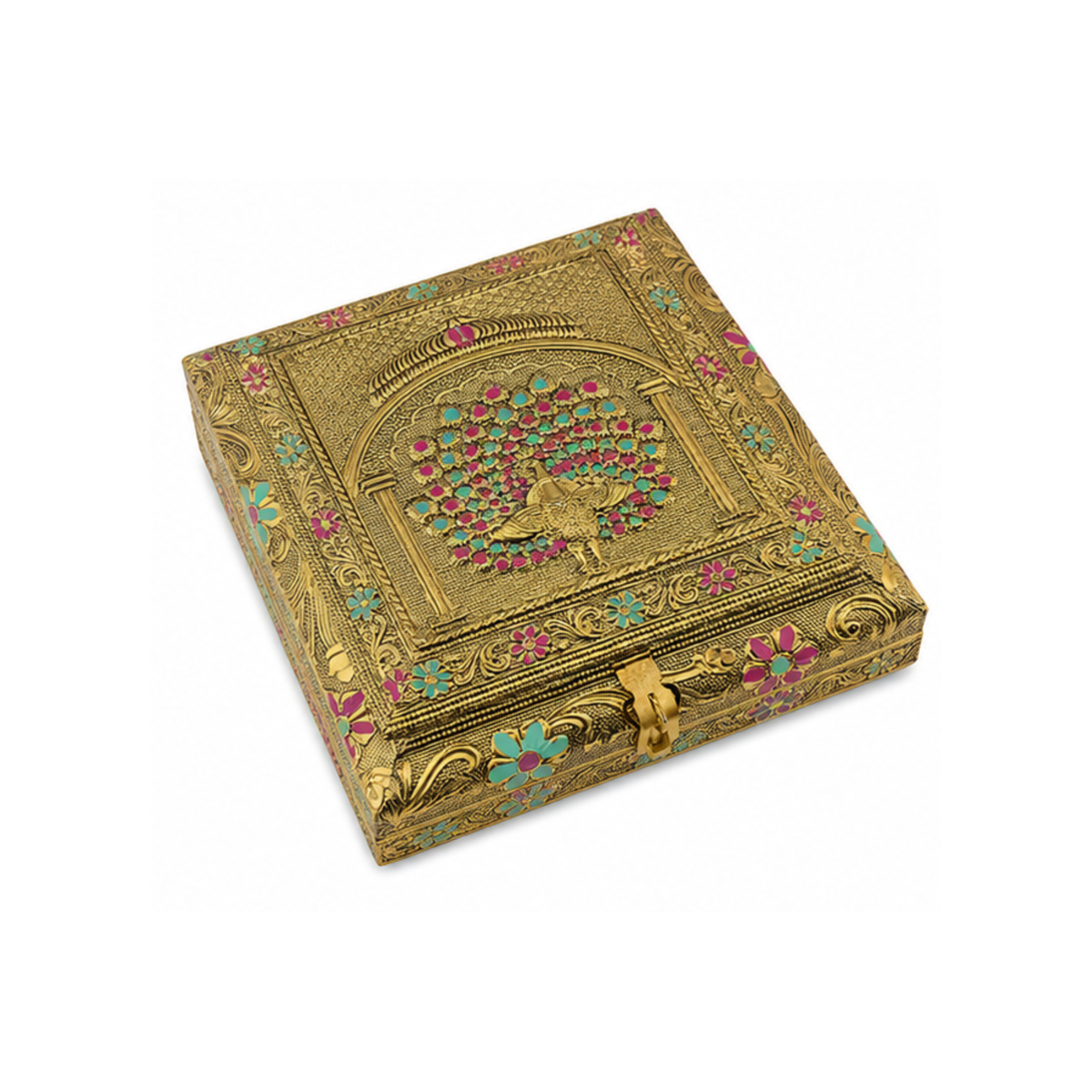 Royal Gold Peacock Floral 4-Compartment Dry Fruit Gift Box