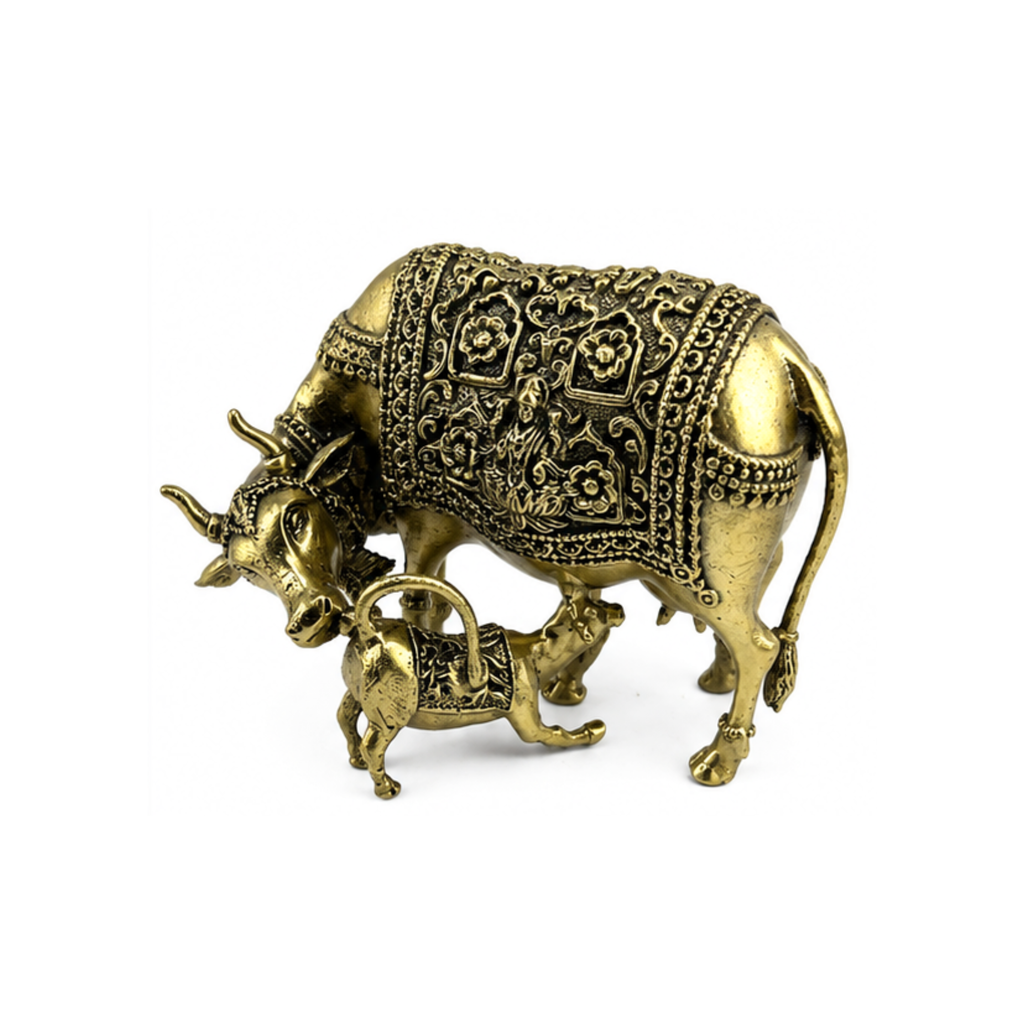 Panchaloha Kamadhenu Idol | Panchadhatu Cow and Calf Murti | Panchalogam Gau Mata Statue