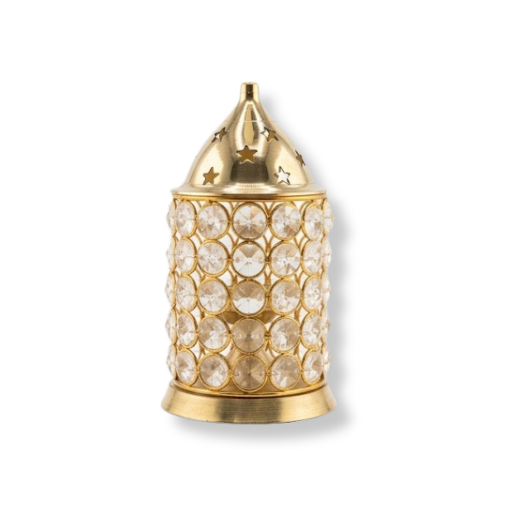 Brass Diya with Cylindrical Gem Cover | Decorative Crystal Brass Oil Lamp
