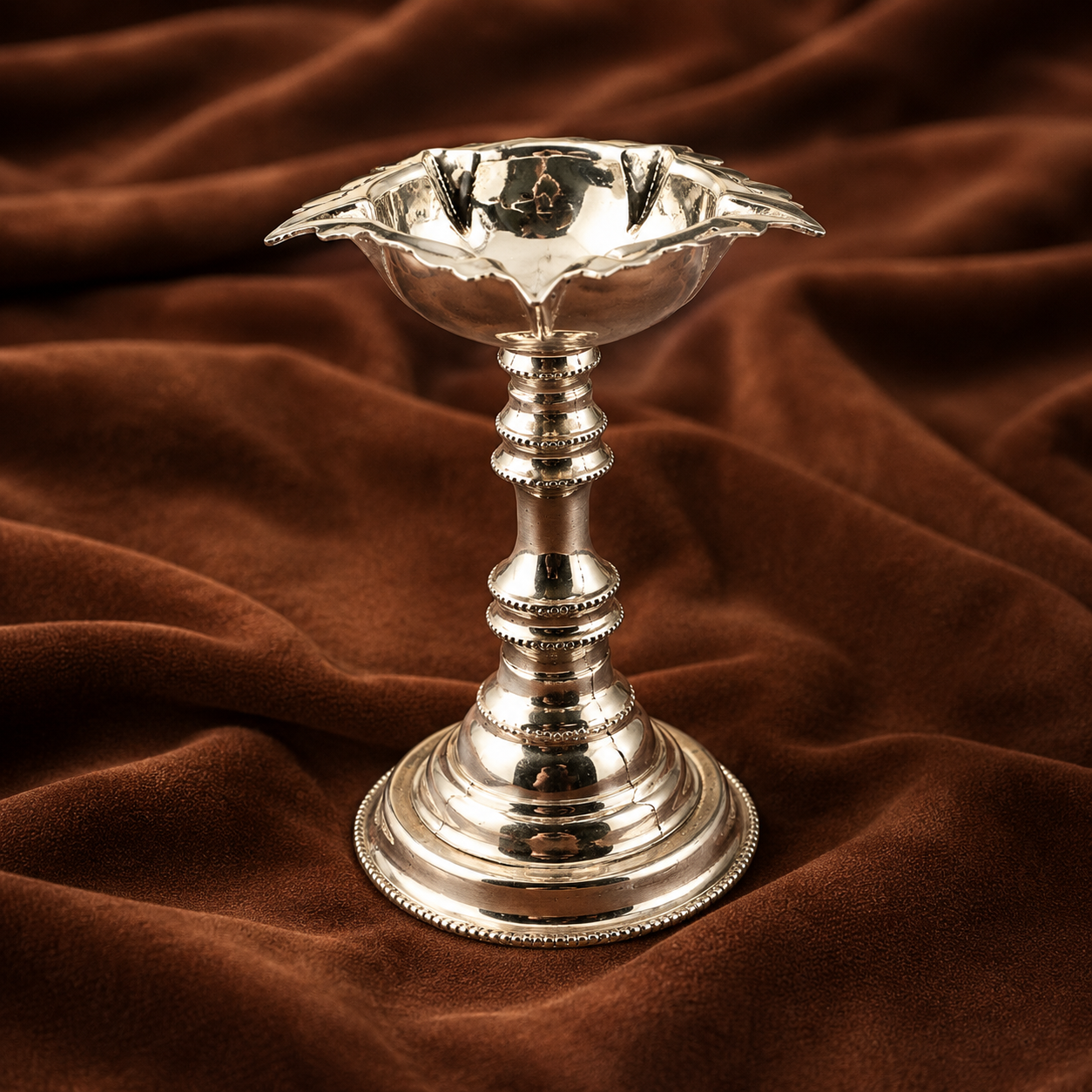 Pure Silver Lotus Samai Diya | 999 Fine Silver Standing Oil Lamp