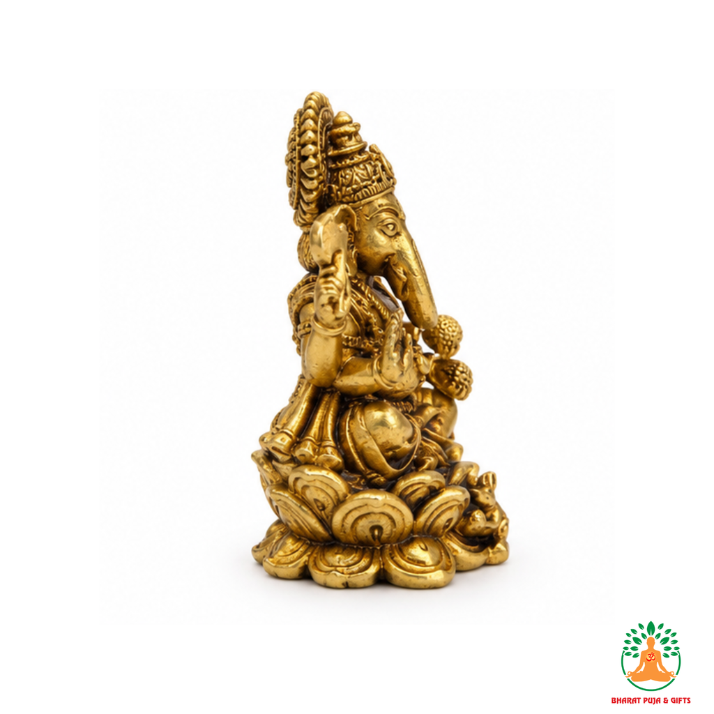 Small Lord Ganesha Idol on Decorative Base – Antique Gold Tone Hindu Statue