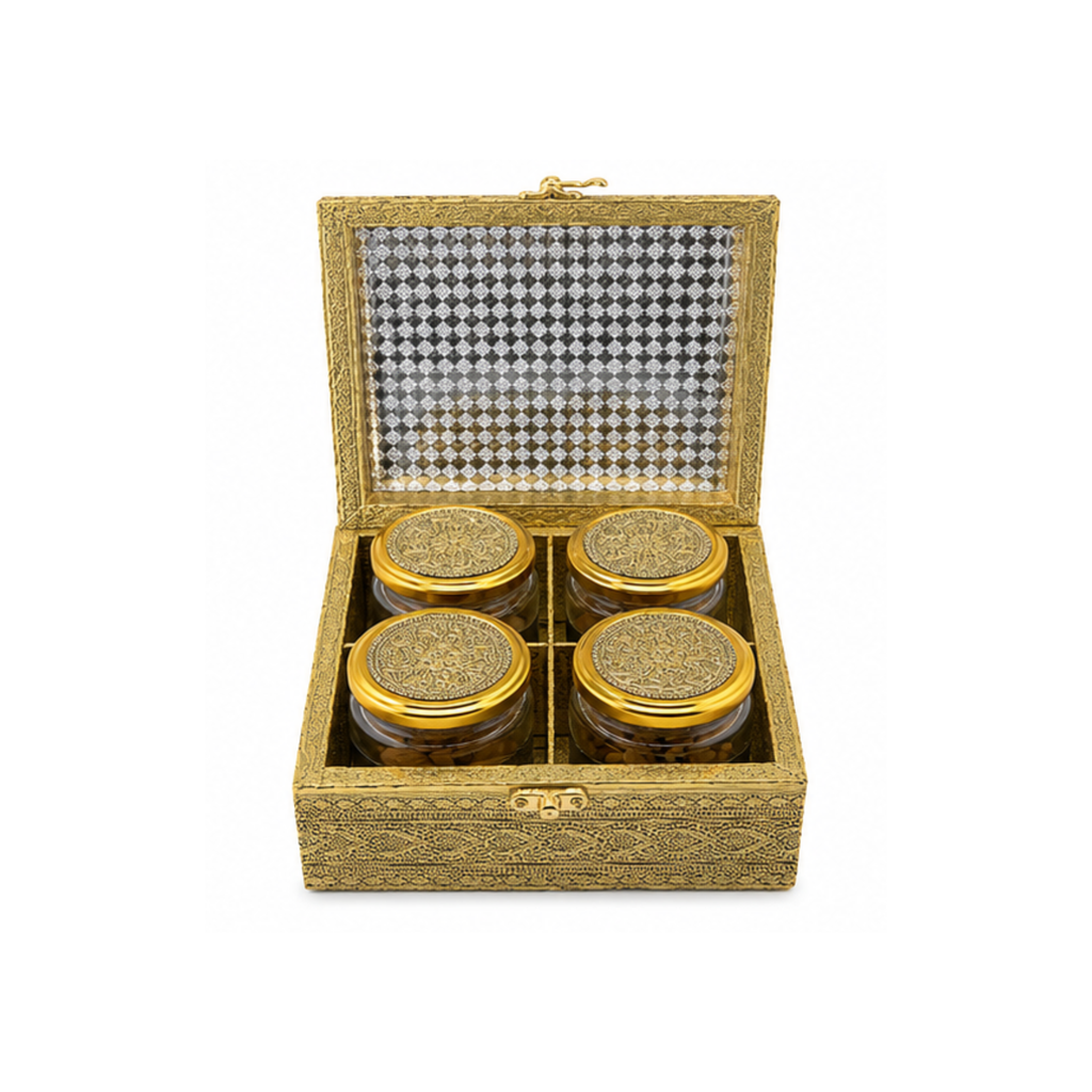 Royal Antique Gold 4-Jar Dry Fruit Gift Box | Traditional Indian Gift Box | Decorative Storage Box